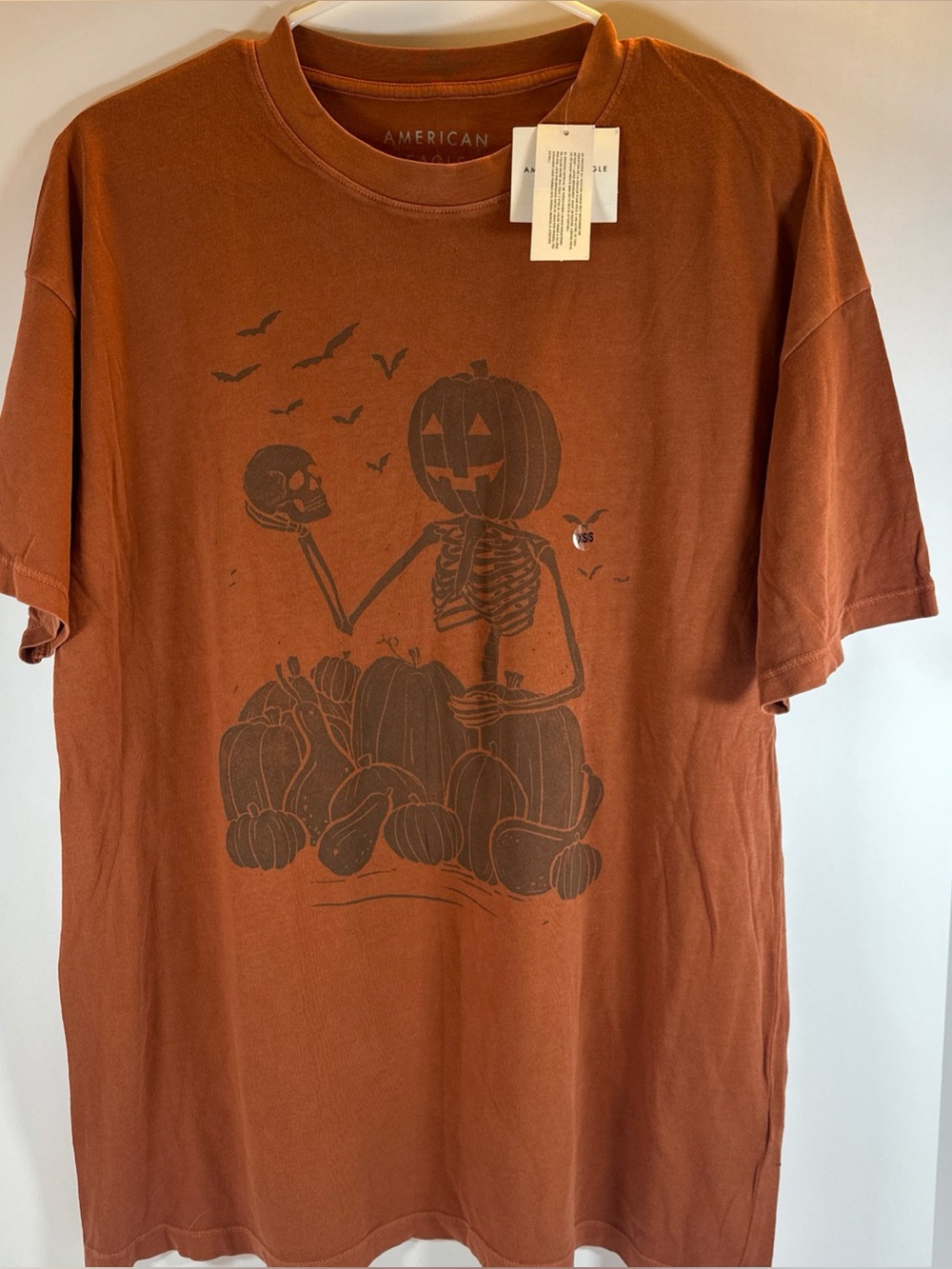 American Eagle Outfitters Rust Orange Halloween Pumpkin Skeleton Graphic Tee